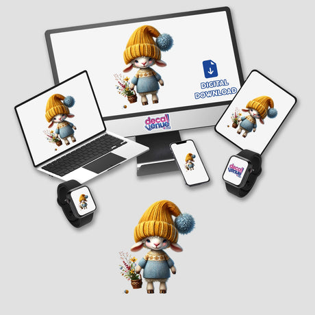 Adorable digital artwork of a gnome with a basket of flowers, surrounded by various digital devices showcasing the image. The gnome has a warm, yellow hat and a cozy, blue outfit, creating a charming and whimsical design perfect for stickers, apparel, or digital downloads from the Decal Venue online store.