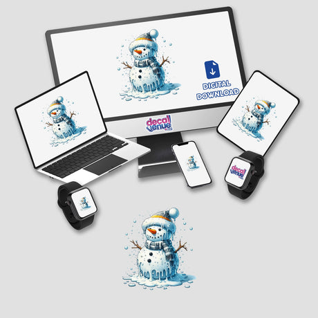 Melting Winter Snowman depicted on various devices, showcasing a charming blend of stickers and digital artwork, perfect for adding a playful, frosty touch to your tech accessories.