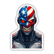 A Cool American Flag Army Cyborg cartoon, available as stickers or digital artwork, features a robot with a flag design, representing Decal Venue's unique digital art and sticker offerings.