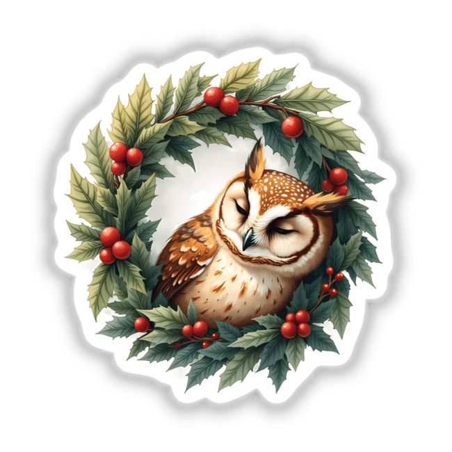 Sleepy Owl in a Christmas Wreath: A charming owl nestled within a festive wreath, available as unique stickers or digital artwork from Decal Venue.