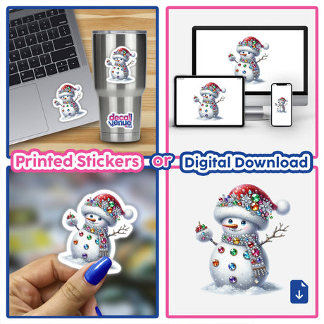 Jeweled Snowman in Santa Hat featured on laptop stickers and digital artwork, showcasing a snowman adorned with colorful gems. Ideal for decorating laptops or downloading for creative projects.