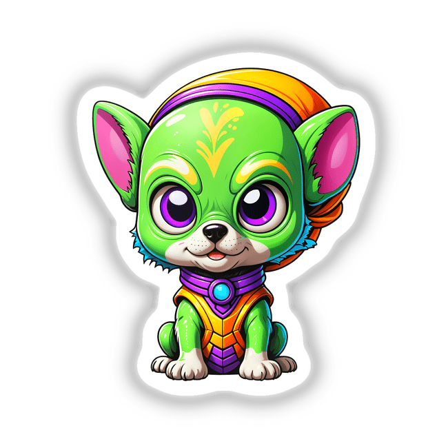 Cute Puppy From Outer Space cartoon featuring a whimsical green dog illustration, available as stickers or digital artwork from Decal Venue, emphasizing unique and playful design elements.