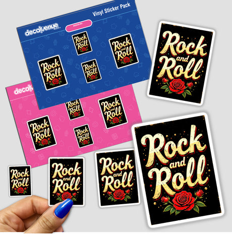 Hand holding a sticker pack titled Rock 'n Roll Roses, featuring intricate graphic design elements, suitable for use as stickers or digital artwork, reflecting Decal Venue's unique artistic offerings.