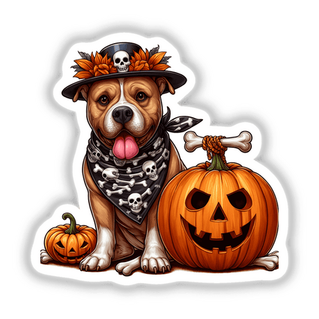 Halloween Pitbull Dog and Pumpkins: A dog in a hat and bandana sits beside a pumpkin, available as stickers or digital artwork.