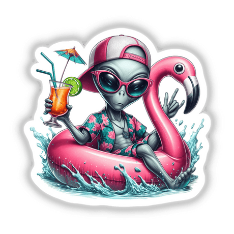 Tropical Alien Enjoying Drink on Flamingo Float: Cartoon alien with sunglasses and hat, holding a drink on a flamingo float. Available as stickers or digital artwork from Decal Venue.