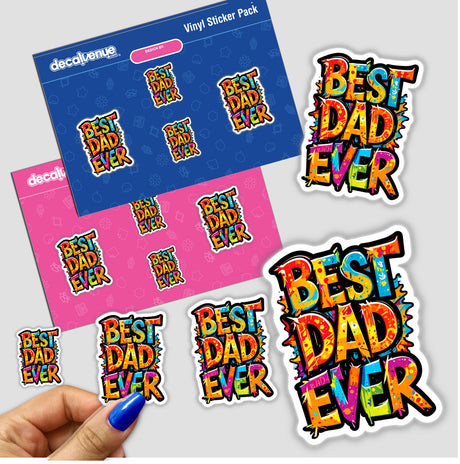 Stickers featuring Best Dad Ever text in colorful design, showcasing unique graphic elements. Suitable as physical stickers or digital artwork, reflecting Decal Venue's distinctive style.