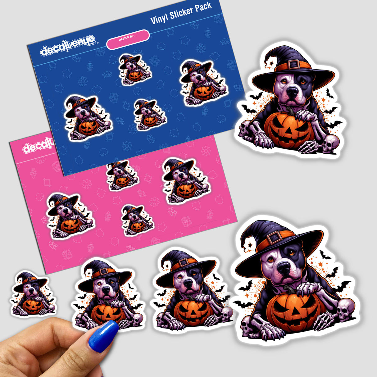 Halloween Pitbull Dog in Witch Hat - Vibrant digital artwork featuring a playful pitbull dog dressed in a witch's hat and holding a pumpkin, surrounded by smaller sticker designs of the same character for a Decal Venue store.