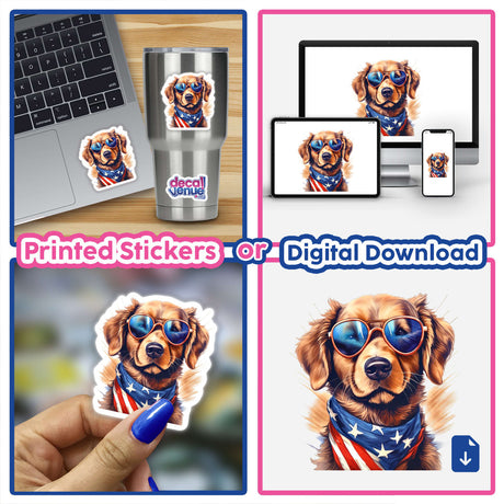 Patriotic dog with sunglasses and American flag design, available as printed stickers or digital download from Decal Venue, an online store offering unique stickers and digital art.