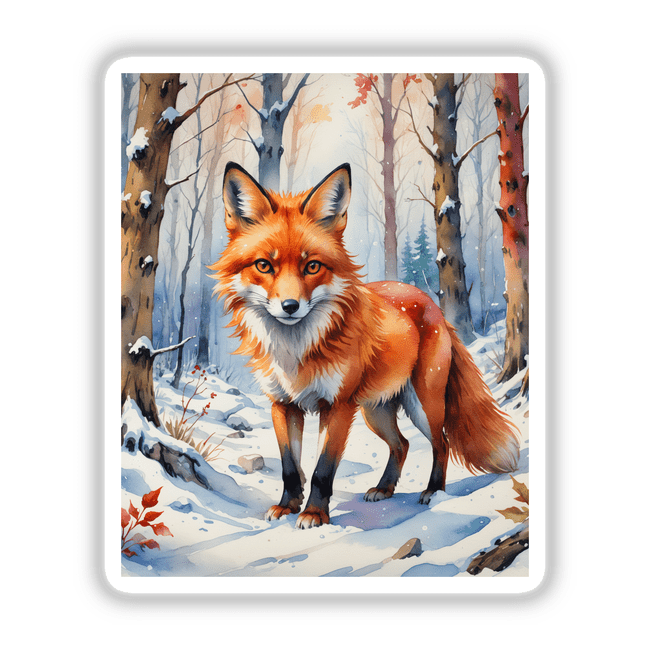 A Red Fox In A Winter Forest painting, beautifully depicting a fox amidst snow, available as vinyl stickers or digital artwork from Decal Venue. Perfect for wildlife art enthusiasts.