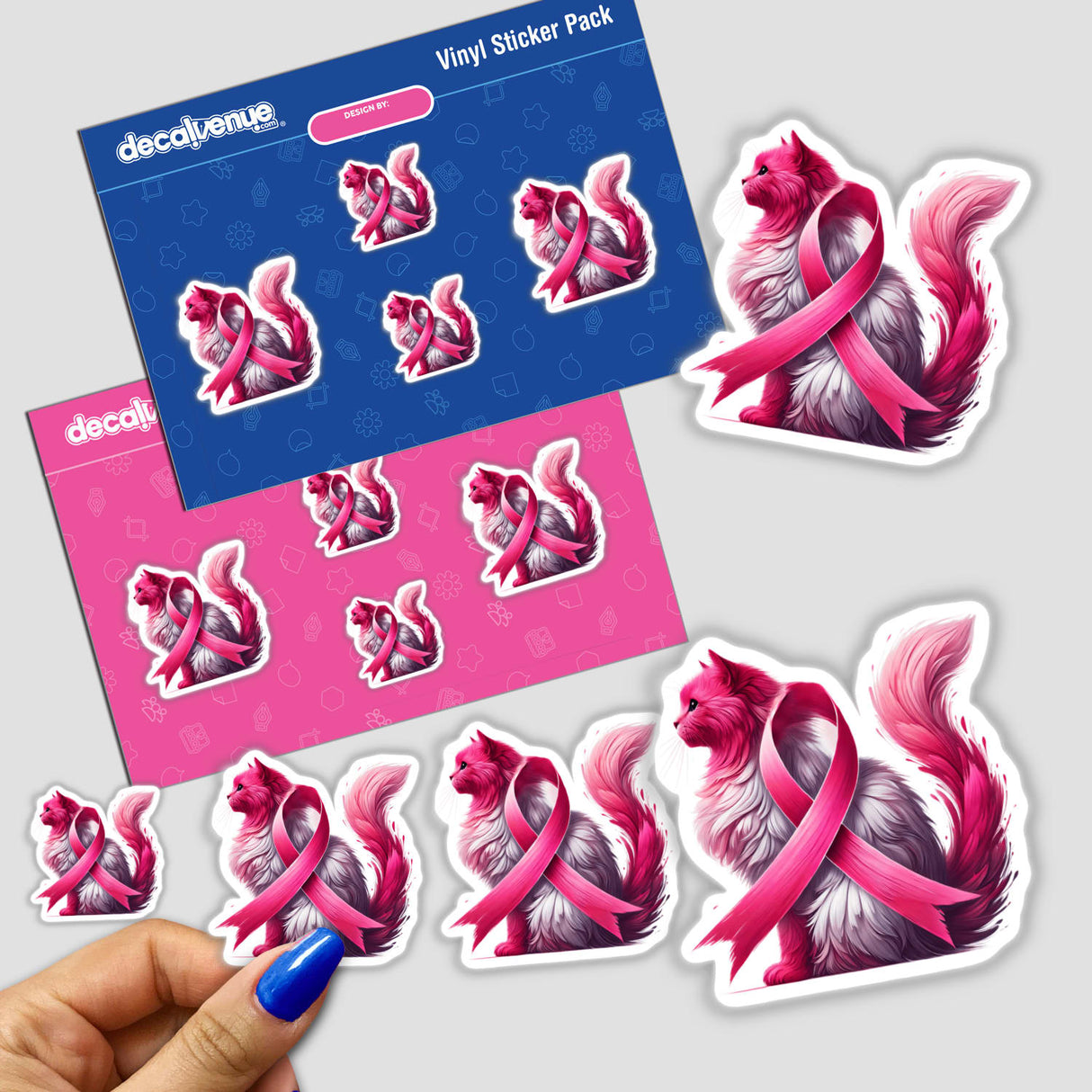 Cat Pink Ribbon Breast Cancer sticker pack featuring illustrated cats adorned with pink ribbons, symbolizing support. Available as stickers or digital artwork.