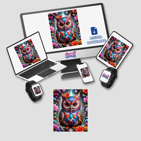 A Lovely Owl With Blooming Flowers displayed on various devices, showcasing unique vinyl stickers or digital artwork from Decal Venue.