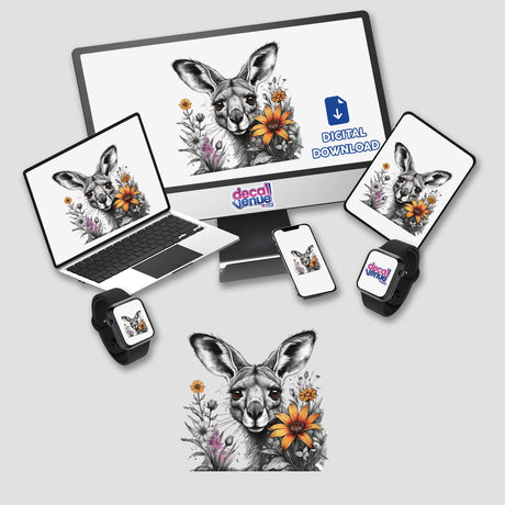 Detailed digital illustration of a kangaroo portrait with floral accents, shown on various electronic devices from the Decal Venue store.