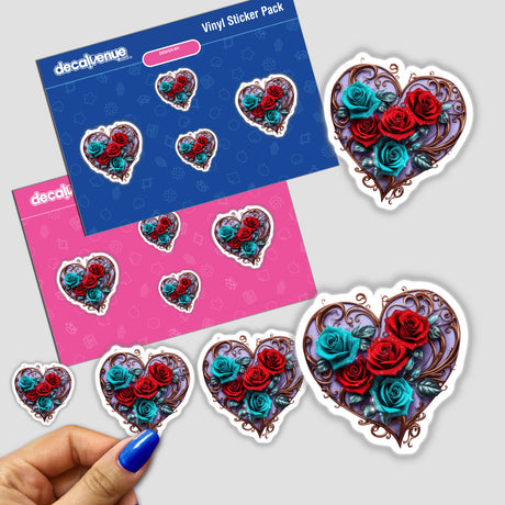 Bronze Heart with Red and Teal Roses on Lavender Background sticker pack, showcasing floral designs and heart shapes, with a hand displaying one sticker, available as stickers or digital artwork.