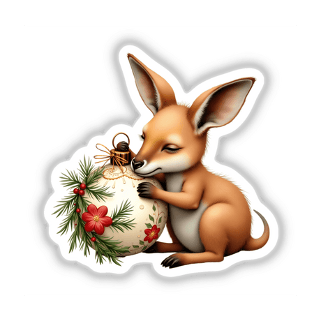 Baby Kangaroo Sleeping on Christmas Ornament cartoon, available as stickers or digital artwork, showcasing a whimsical kangaroo gently cradling a festive ornament, reflecting Decal Venue's unique sticker and art offerings.