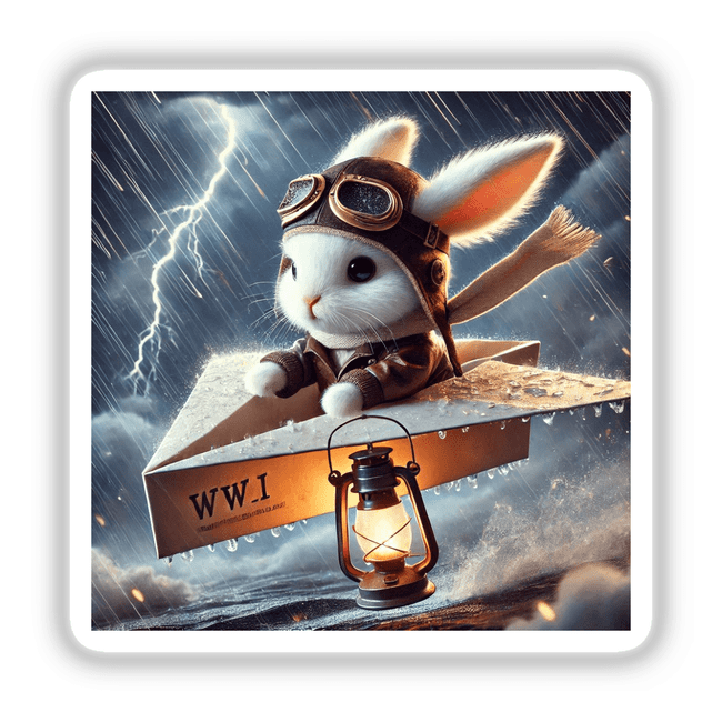 Snowflake, The Paper Aviator: A whimsical cartoon rabbit in a pilot hat and goggles, flying a paper plane, available as unique stickers or digital artwork from Decal Venue.