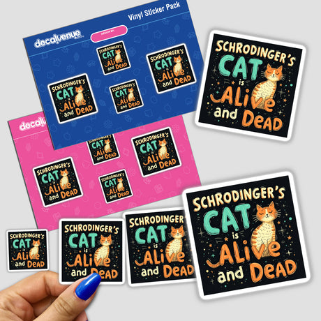 Hand holding Schrodinger’s Cat Science Humor sticker, featuring cat illustrations. Available as a sticker or digital artwork, reflecting Decal Venue's unique offerings in humorous science-themed designs.