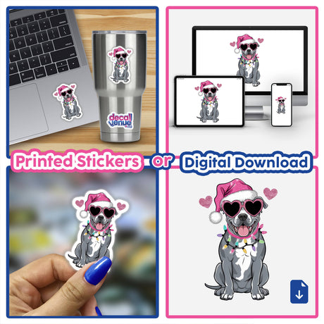 Christmas Santa Pink Pitbull Bully Dog in Lights sticker, featuring a cartoon dog wearing a Santa hat and sunglasses, available as a unique sticker or digital artwork.