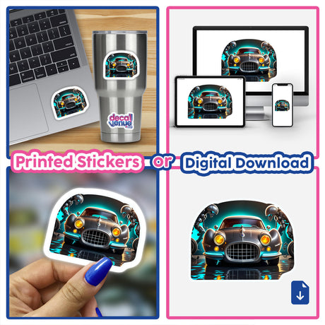 Collage featuring a laptop adorned with A Classic Futuristic Car sticker, showcasing a sleek vehicle design. Perfect as a unique sticker or digital artwork from Decal Venue.