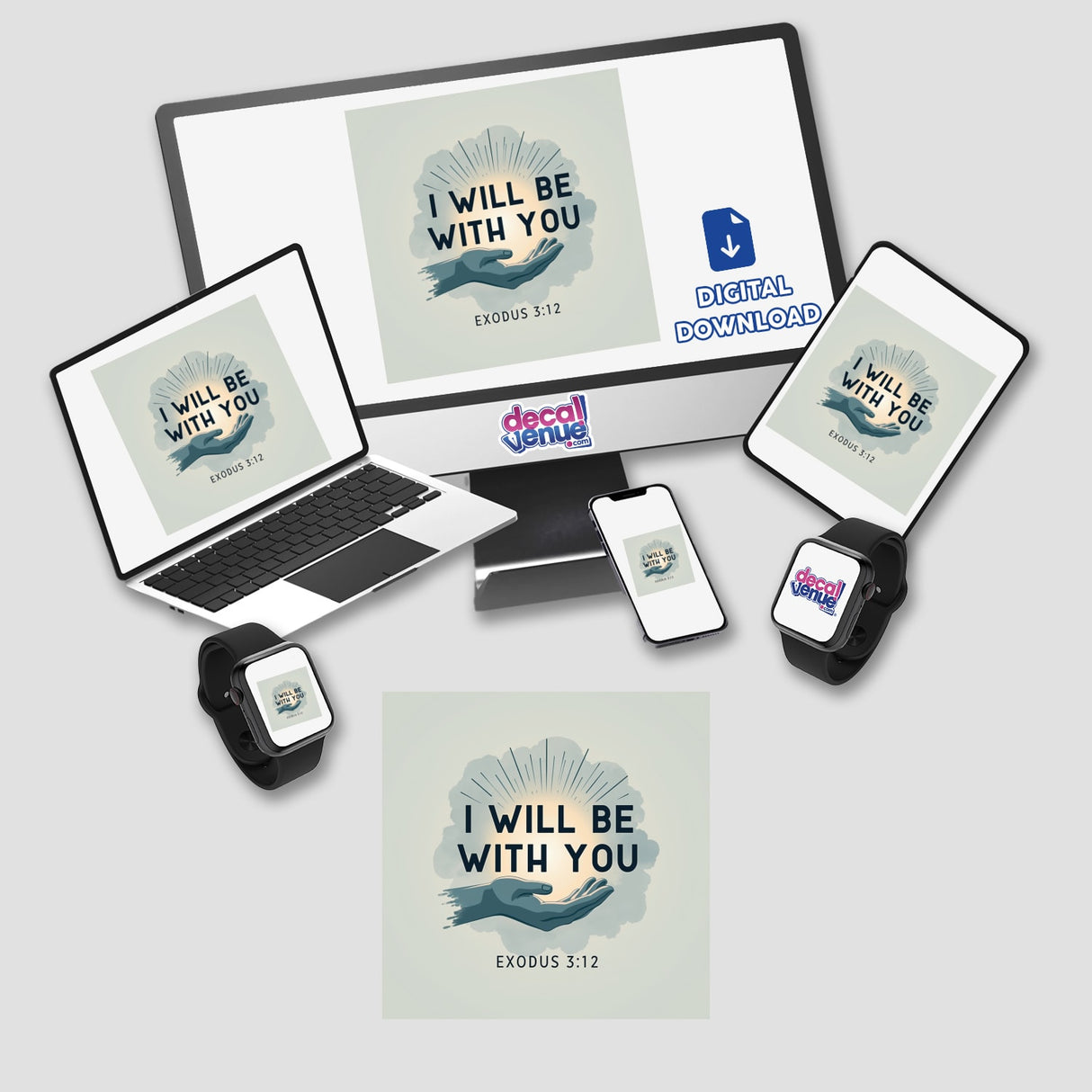 I Will Be With You – Exodus 3:12 Christian Sticker or Clipart featuring a hand and various digital devices, available with commercial rights. Ideal for enhancing laptops, tablets, or phones.