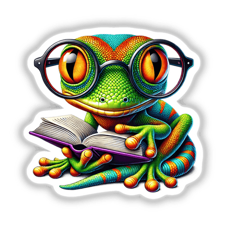 Gecko With Reading Glasses Open Book: A cartoon gecko intently reading an open book, wearing glasses, available as stickers or digital artwork. Perfect for fans of whimsical, unique designs.