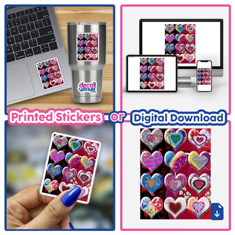 Collage of hearts on a laptop, showcasing options for stickers or digital artwork from Decal Venue, emphasizing unique designs for tech gadgets and creative displays.