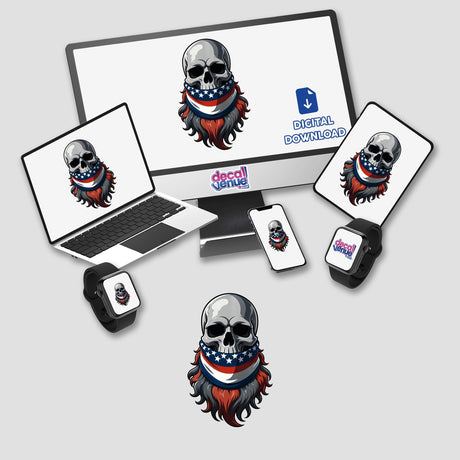 A Cool Skull With An American Flag Bandana displayed on various devices, showcasing its availability as a sticker or digital artwork. The design features a skull with a beard and a vibrant bandana.