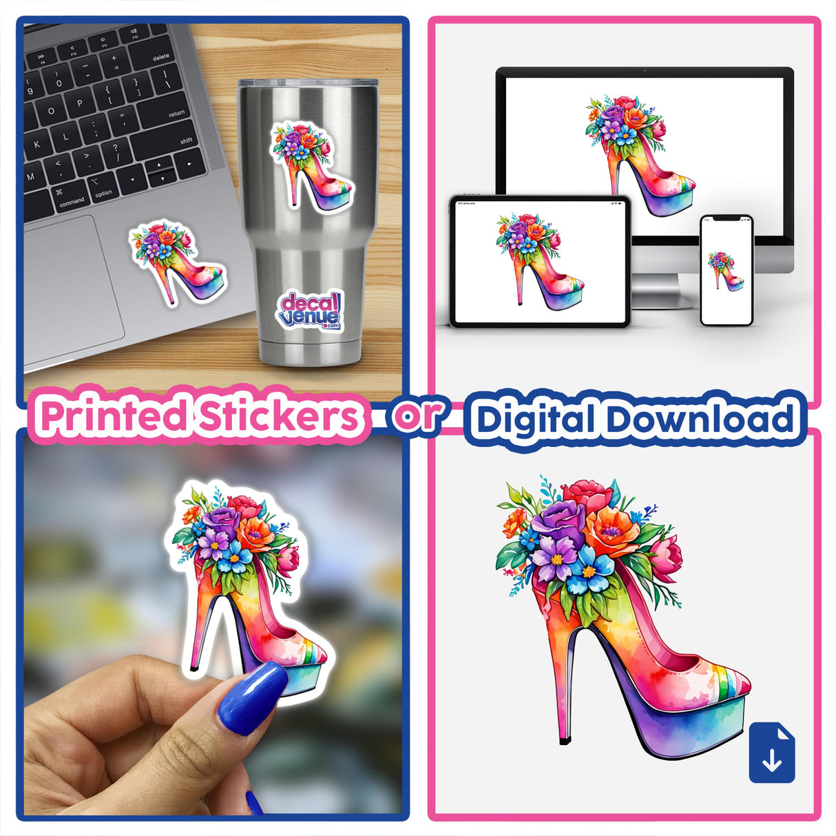 Floral Splash High Heels stickers displayed on a laptop and a cup, showcasing vibrant shoe designs with flower patterns.