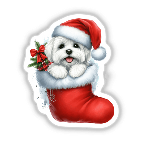 Peeking Santa Maltese Dog Christmas Stocking features a cute white Maltese dog wearing a Santa hat, playfully peeking from a festive red stocking, available as stickers or digital artwork.