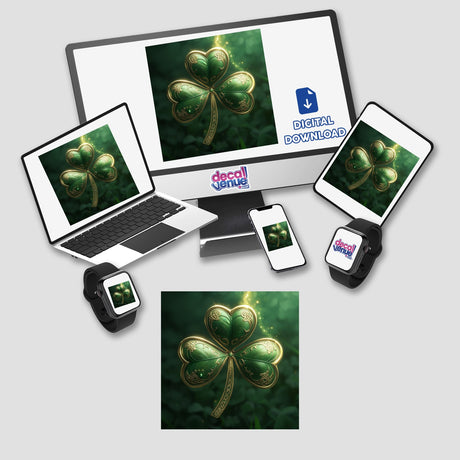 Celtic Shamrock – Green Clover with Intricate Gold Knotwork displayed on computer and laptop screens, showcasing the product's digital artwork format available as stickers or digital art.