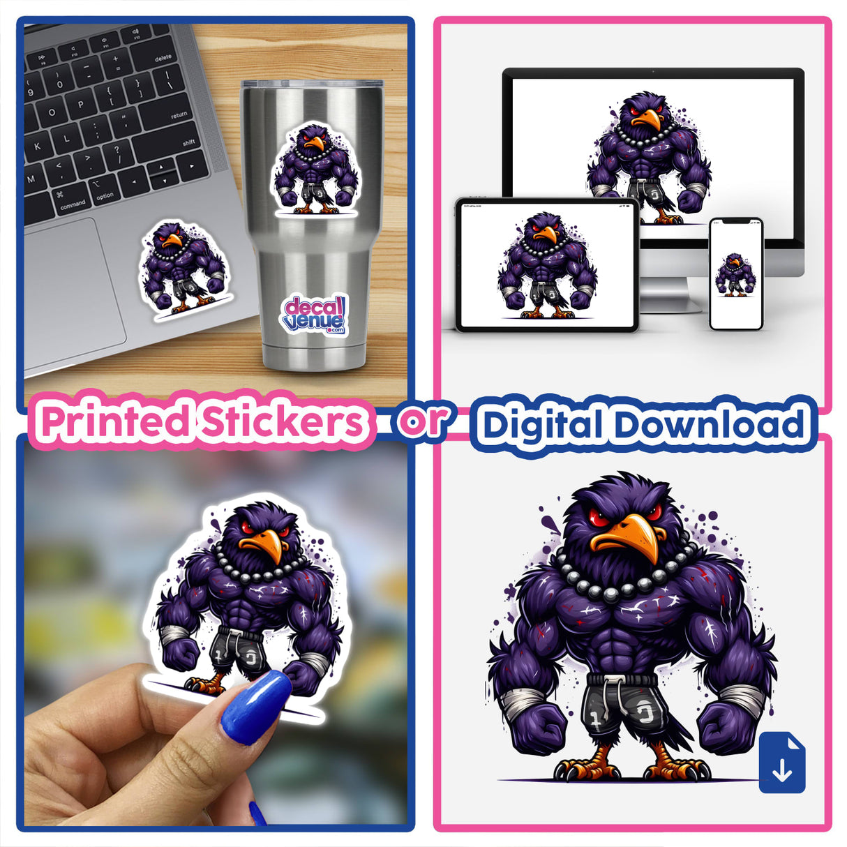 Muscular Purple Flocked Raven Football Bird depicted in a collage featuring stickers and digital artwork, showcasing its cartoon design on various surfaces, including laptops and phones.