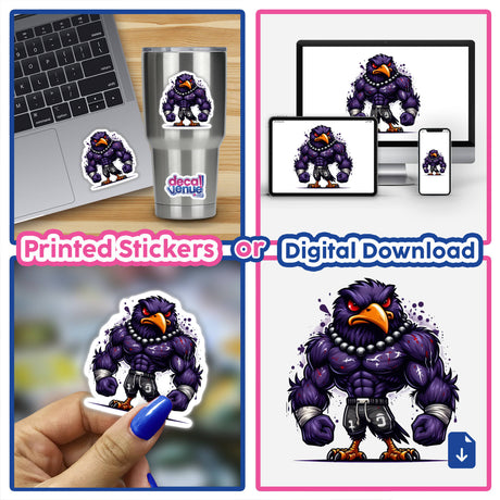 Muscular Purple Flocked Raven Football Bird depicted in a collage featuring stickers and digital artwork, showcasing its cartoon design on various surfaces, including laptops and phones.