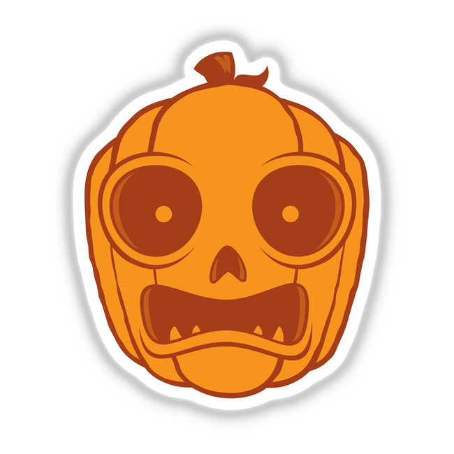 Halloween Jack-O-Lantern sticker featuring a cartoon pumpkin with a cheerful face, perfect for seasonal decoration. Ideal for adding a fun, spooky touch to any surface.