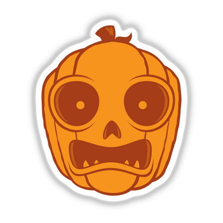 Halloween Jack-O-Lantern sticker featuring a cartoon pumpkin with a cheerful face, perfect for seasonal decoration. Ideal for adding a fun, spooky touch to any surface.