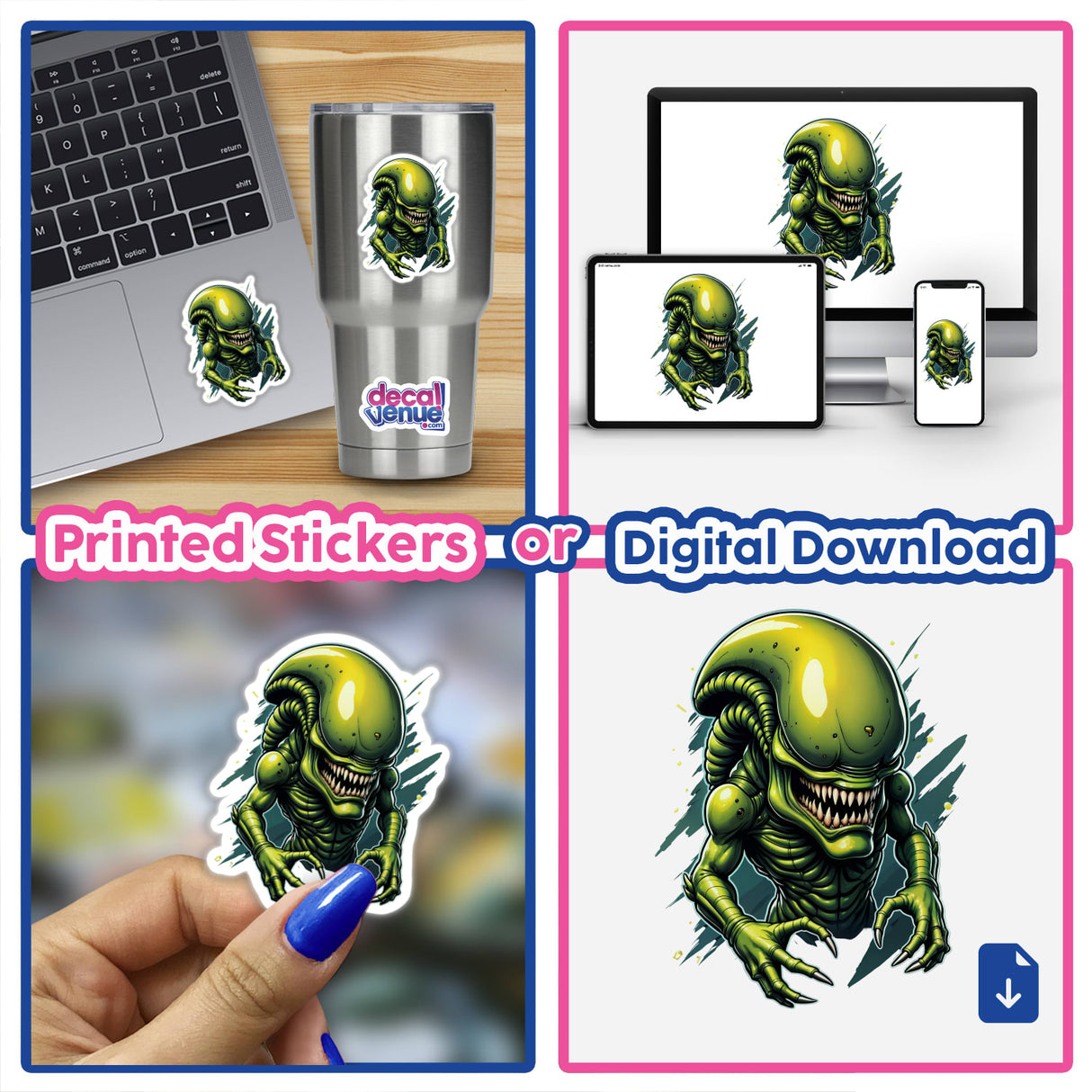 A collage featuring A Cool Xenomorph Alien Warrior as stickers and digital art, showcasing a green alien with sharp teeth and claws, perfect for laptops or personalizing spaces.