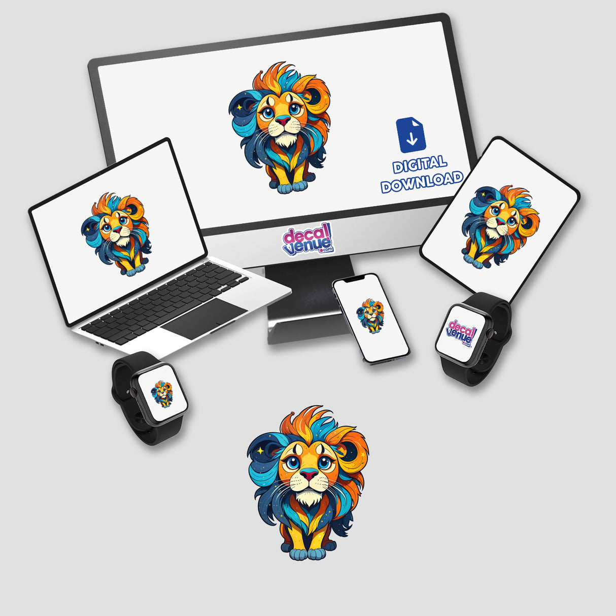 A Cute Little Lion cartoon displayed on a laptop and monitor, available as stickers or digital artwork from Decal Venue, specializing in unique stickers and digital art.