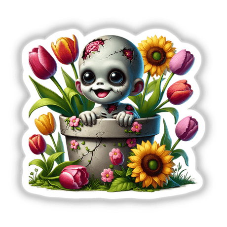 Zombie Peeking Out of Flower Pot sticker or digital artwork featuring a cartoon baby zombie emerging from a flower pot surrounded by vibrant flowers.
