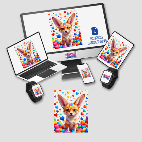 A Cute Fennec Fox With Love Hearts displayed on a computer monitor and laptop, available as stickers or digital artwork.