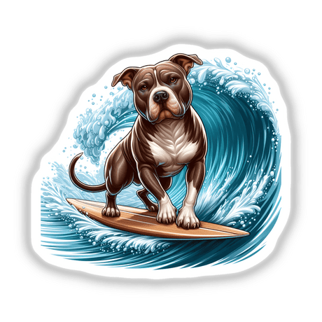 Surfing pitbull dog, colorful digital art depicting a brown and white pitbull dog riding a wooden surfboard through crashing blue waves