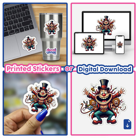 Palhaço Cartolinha sticker collage featuring a cartoon clown with various animals, displayed on a cup, laptop, and as individual stickers. Available as stickers or digital artwork.