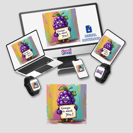 Grape To Meet You: Illustration of a cartoon grape character holding a sign, displayed on a computer monitor and laptop, available as stickers or digital artwork from Decal Venue.