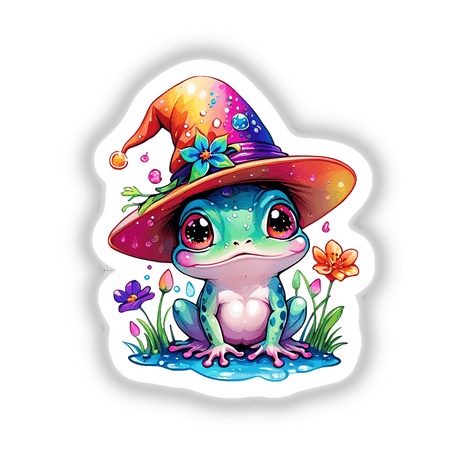 Cartoon wizard frog wearing a hat, available as stickers or digital artwork.