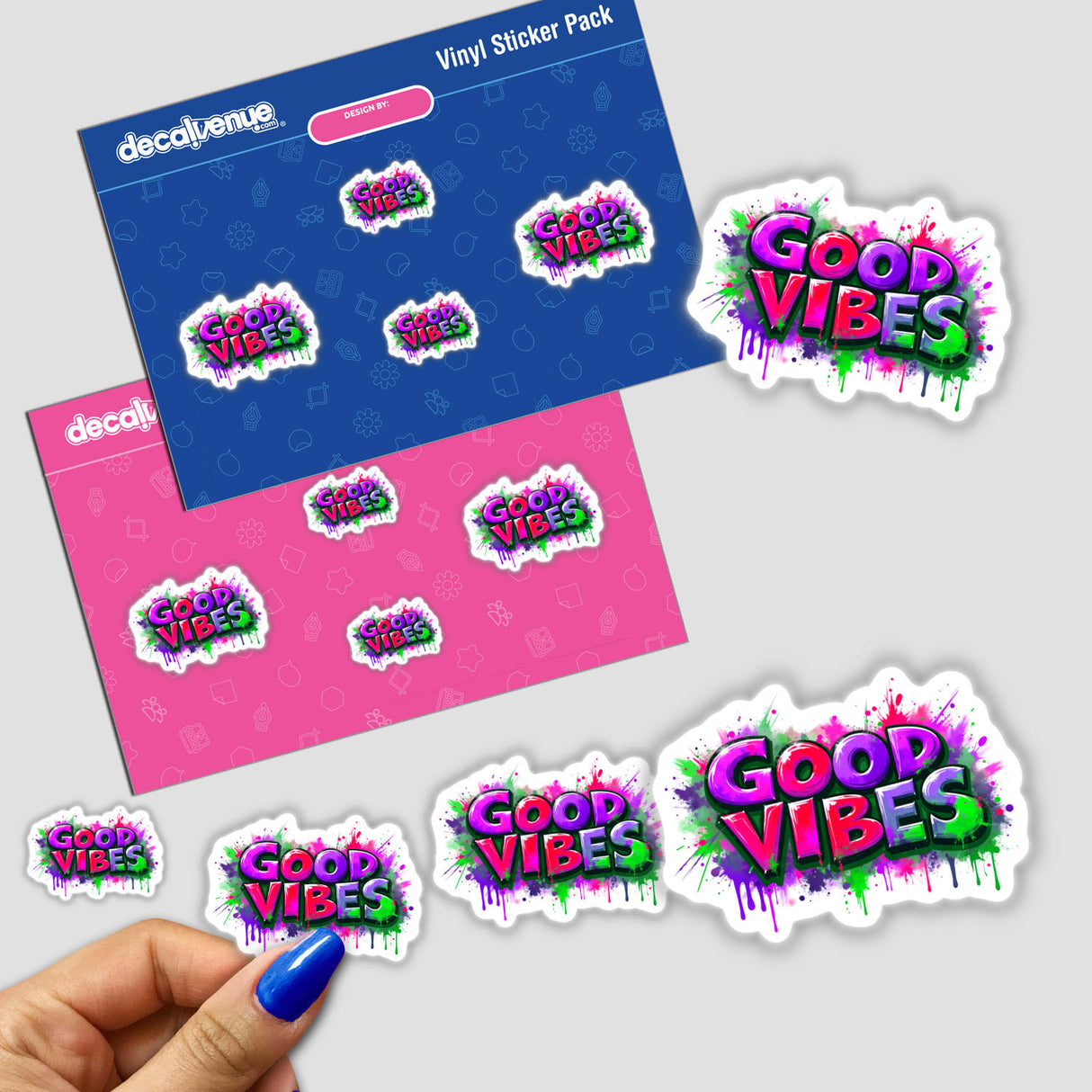 Good Vibes Graffiti Art sticker pack features vibrant designs with playful text and paint splatters, available as stickers or digital artwork from Decal Venue.