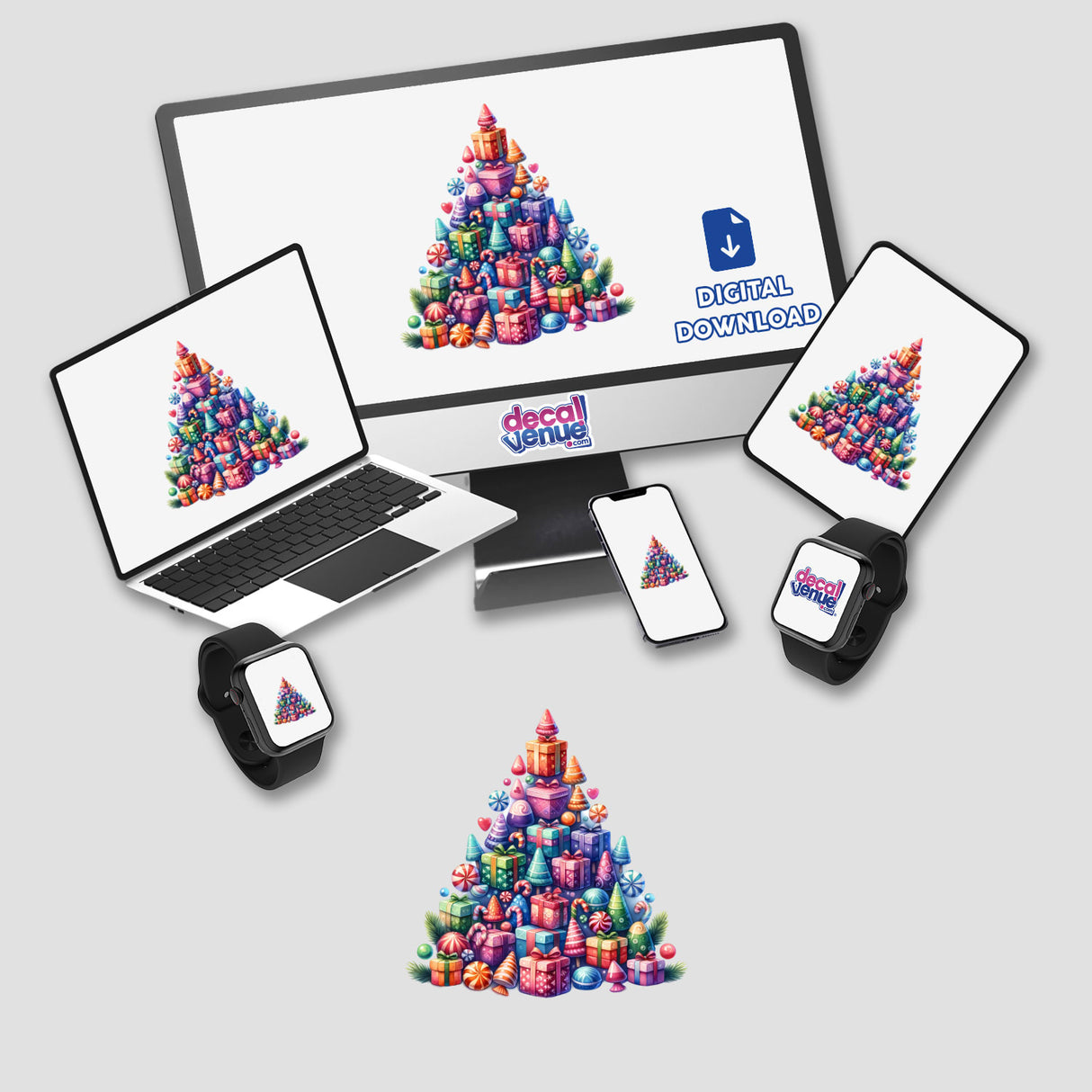 Christmas Candy Stacked Pyramid displayed on multiple devices, featuring festive presentations. Available as stickers or digital artwork, reflecting Decal Venue's unique offering of seasonal designs.