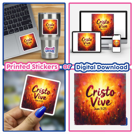 Cristo Vive Juan 11:25 Sticker or Clipart featuring a Resurrection Sunday Fauvist design; collage includes laptops and close-ups of sticker details, showcasing its artistic and commercial rights use.