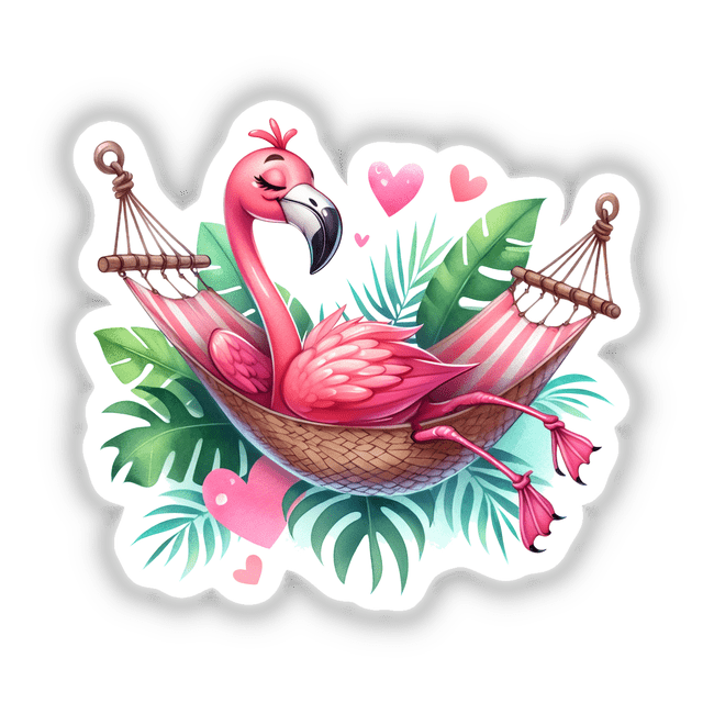 Flamingo Bird Lounging in Hammock: Illustration of a pink flamingo resting in a hammock, offered as stickers or digital art, capturing whimsical relaxation for unique decor.