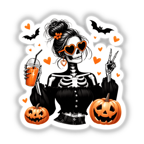 Woman in a skeleton outfit holding a drink and pumpkins. Product: Halloween Skeleton Zombie Girl Bats and Hearts, available as stickers or digital artwork.