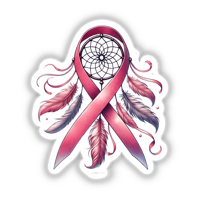 Dream Catcher Pink Ribbon Breast Cancer design featuring a pink ribbon with feathers and a dream catcher, available as stickers or digital artwork.