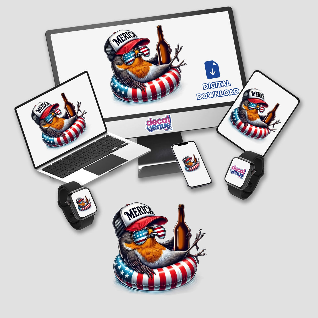 Colorful digital artwork of a patriotic robin bird floating in a buoy wearing an American flag-themed hat and sunglasses, surrounded by a beer bottle and fireworks, showcased on various electronic devices in the Decal Venue Shopify store.