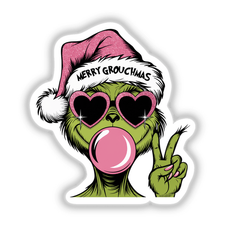 Santa Pink Bubblegum Merry Green Grouchmas: Cartoon of the Grinch wearing sunglasses and a Santa hat, featuring bubblegum and peace sign elements. Available as stickers or digital artwork.