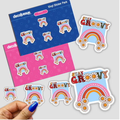 Stay Groovy Autumn Vibe sticker pack featuring rainbows and flowers, showcasing vibrant, whimsical designs. Available as stickers or digital artwork, ideal for adding a unique touch to any surface.